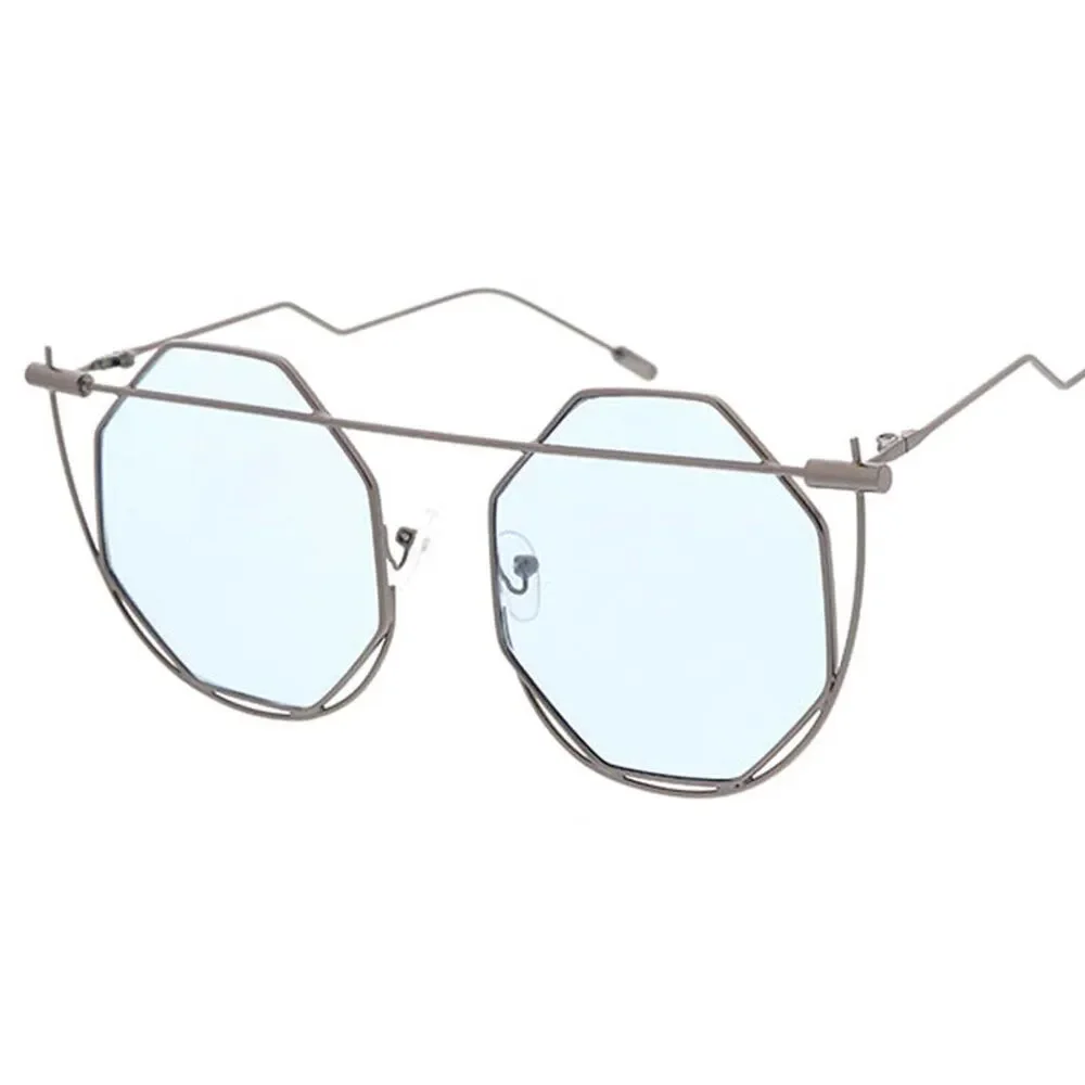 Geometry Glam: Women's Large Octagonal Wire Frame Blue Sunglasses